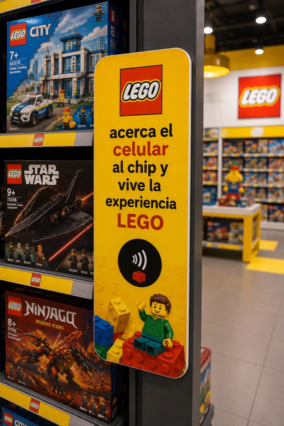 Hablador NFC LEGO en góndola de tienda